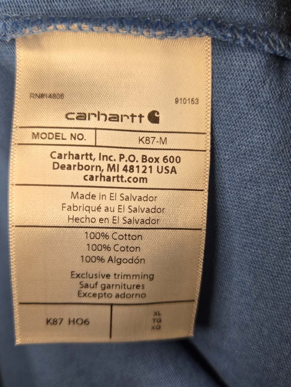 Carhartt Men's K87-H06 Light Blue Workwear Short Sleeve Pocket T-shirt Size XL - Picture 7 of 8